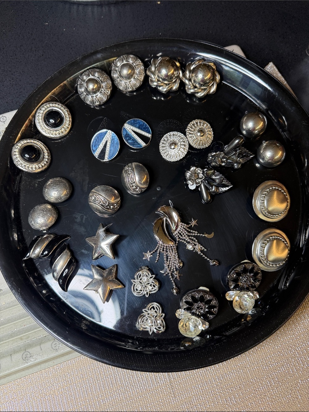 Assorted Silver-Tone Decorative Buttons and Earrings Collection